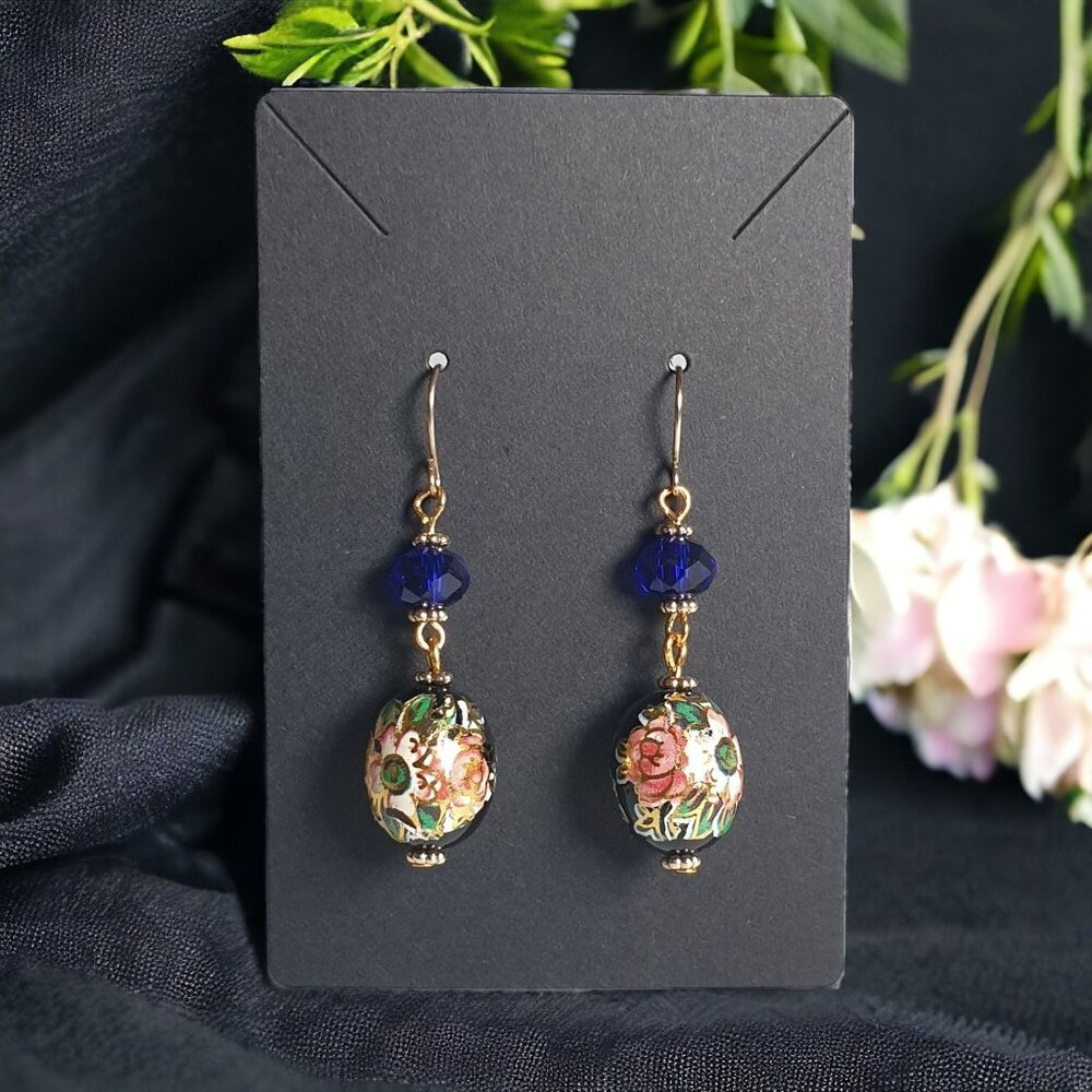 Handmade Painted Gilded Floral Dangle Earrings with Blue Crystal Beads for Women